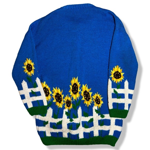 Vintage Hand Knit Sun Flowers & Bird Houses Button Up Sweater - Picture 2 of 3